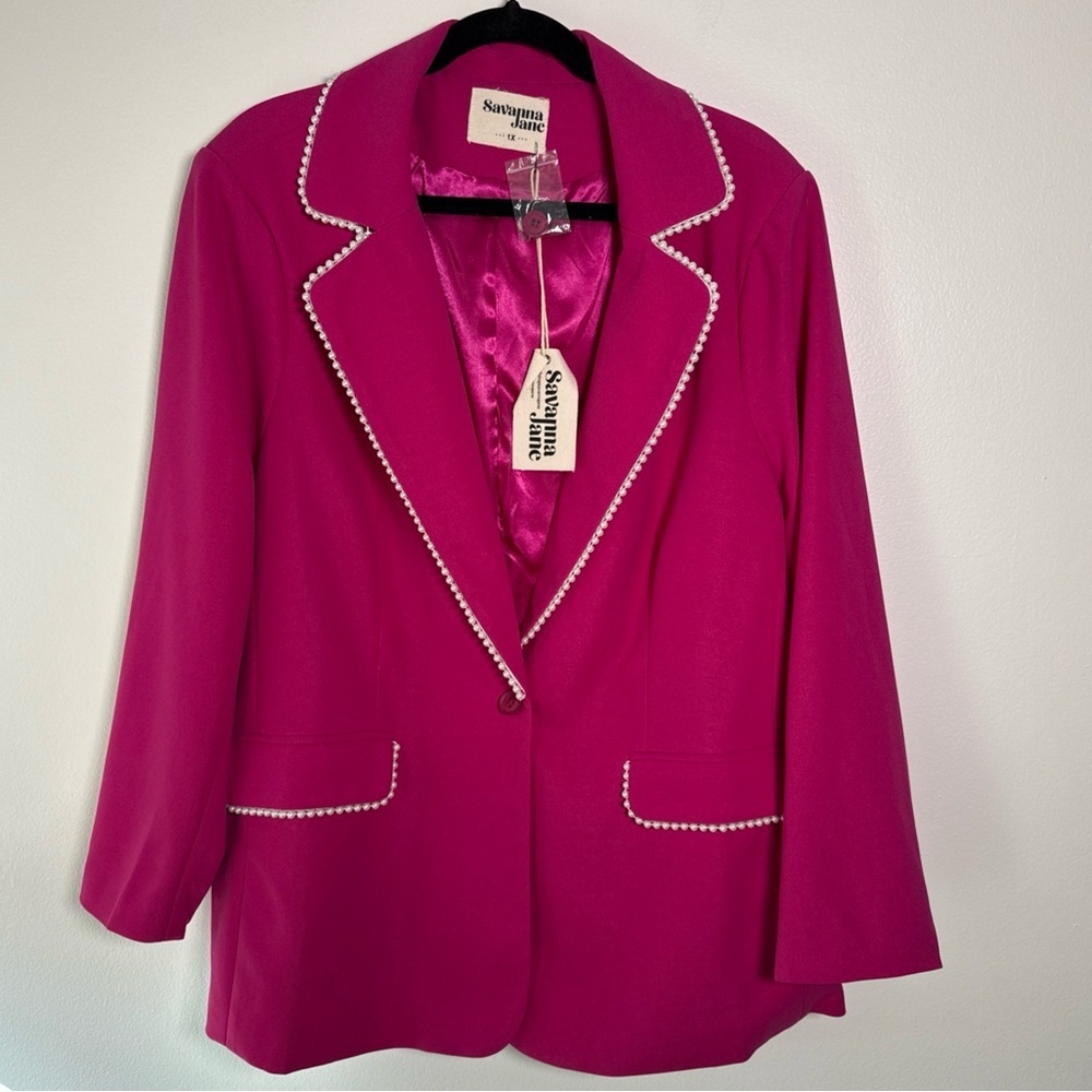 Savanna Jane Pearl Trim Fuscia Blazer Size 1X Lined Pockets Button Closure